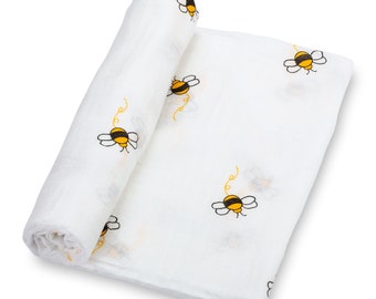 LollyBanks Bee Mighty Muslin Swaddle Blanket - 100% Cotton, 47"x47" - Cozy Wrap for Your Little Honey