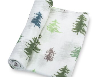 LollyBanks Pine Tree Muslin Swaddle - 100% Cotton, 47x47 inches Baby Blanket