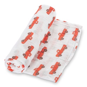 LollyBanks Red Truck Cotton Muslin Swaddle, 47x47 inches - Soft Baby Blanket, Nursery Decor