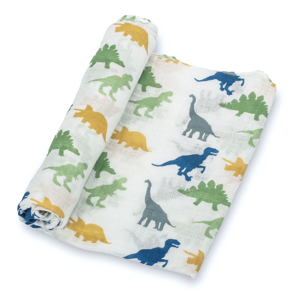 LollyBanks Dinosaur Print Muslin Swaddle Blanket - 100% Cotton, 47"x47" - Cozy Wrap for Your Little Paleontologist