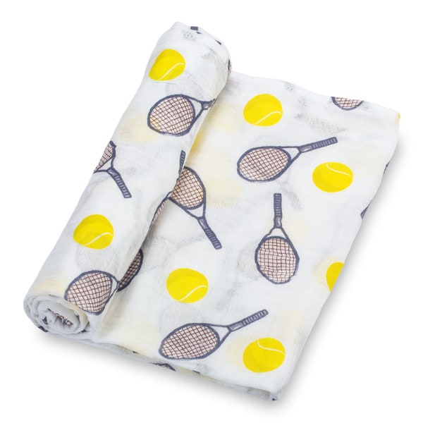 LollyBanks 100% Cotton Muslin Swaddle Baby Blanket - Sports Theme Tennis Prints, 47 x 47 inches