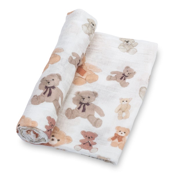 LollyBanks 100% Cotton Muslin Swaddle Baby Blanket - Cute Teddy Bear Prints, 47 x 47 inches
