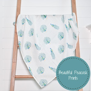 LollyBanks Muslin Swaddle Blanket – 100% Cotton Baby Wrap 47”x47”, Soft Newborn Receiving Blanket, Nursery Essential (Cute Peacock)