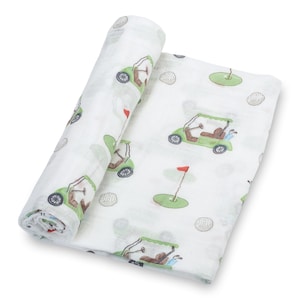 LollyBanks Muslin Swaddle Blanket – 100% Cotton Baby Wrap 47”x47”, Soft Newborn Receiving Blanket, Nursery Essential (Golf Print)