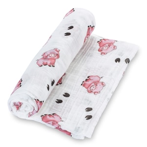 LollyBanks 100% Cotton Muslin Swaddle Baby Blanket - Farm Theme Cute Pig Prints, 47 x 47 inches