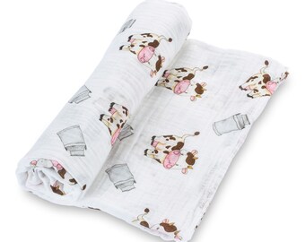 LollyBanks 100% Cotton Muslin Swaddle Baby Blanket, Farm Theme Cow Prints Large 47 x 47 inches