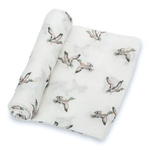 LollyBanks Muslin Swaddle Blanket – 100% Cotton Baby Wrap 47”x47”, Soft Newborn Receiving Blanket, Nursery Essential (Mallard Duck Print)