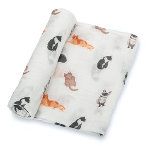 LollyBanks Muslin Swaddle Blanket – 100% Cotton Baby Wrap 47”x47”, Soft Newborn Receiving Blanket, Nursery Essential (Cat Print)