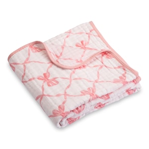 LollyBanks Muslin Baby Quilt, 6 Layer Cotton Baby Blanket 47&quot;x47&quot;, Lightweight Crib Blanket, Nursery Bedding (Pink Bow Print)