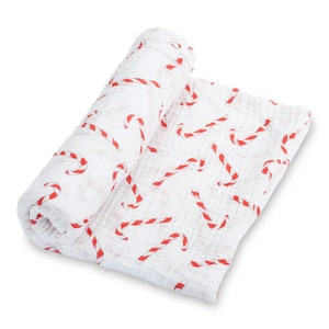 LollyBanks Muslin Swaddle Blanket – 100% Cotton Baby Wrap 47”x47”, Soft Newborn Receiving Blanket, Nursery Essential (Candy Cane Print)