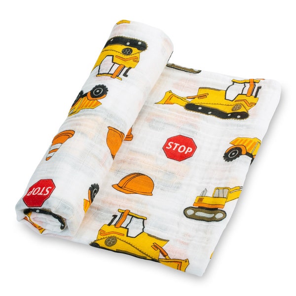 LollyBanks 100% Cotton Muslin Swaddle Baby Blanket, Fun Contruction Theme Prints Large 47 x 47 inches