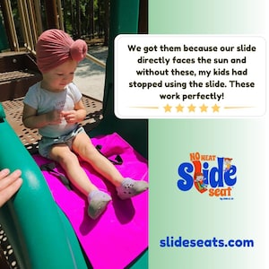 May include: A pink slide seat with the text "NO HEAT Slide seat" and the website "slideseats.com". A young child wearing a pink turban sits on the slide seat.