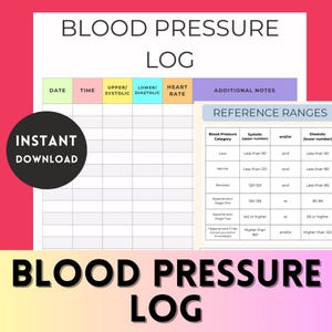May include: A printable blood pressure log with the title "BLOOD PRESSURE LOG" at the top and bottom. The log includes sections for date, time, systolic, diastolic, and heart rate. A reference chart is also included.
