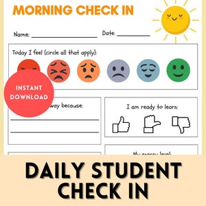 Può includere: Un foglio di lavoro stampabile "Morning Check In" con il testo "Morning Check In" e "Daily Student Check In". Il foglio di lavoro include sezioni per nome, data e una selezione di emoji che rappresentano i sentimenti. C'è anche una sezione per gli studenti per scrivere perché si sentono in un certo modo.