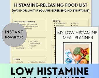 Histaminarme Lebensmittelliste, PDF, druckbare Lebensmittelliste für Histaminintollleranz, Histaminarme Diät, Mahlzeitenplaner mit niedrigem Histamin und Lebensmittelgeschäftliste