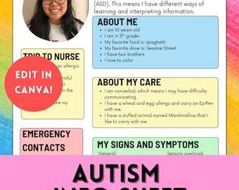 Autismus Rund um mich Infoblatt, Autismus Medizinisches Infoblatt für Lehrer und Klassenzimmer, Autismus-Aufklärungsressource, ASD PDF, bearbeitbare Vorlage