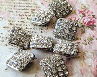 Vintage Rhinestone Square Buttons, Silver Tone, 12mm (Set of 8)