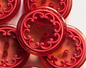6 schöne Zierknöpfe, 2-Loch-Knöpfe, rot durchscheinend, reliefartiger Zierrand, 25 mm