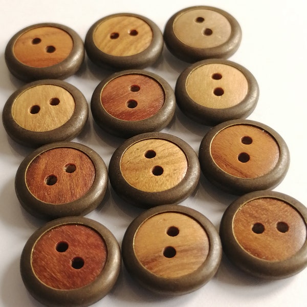 12 kleine Trachtenknöpfe aus braunem Holz, 2-Loch-Knöpfe, metallummantelt, 13,5 mm
