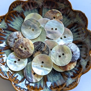 Könnte beinhalten: Eine Schale mit verschiedenen Perlmuttknöpfen in Braun-, Weiß- und irisierenden Grüntönen. Die Knöpfe sind rund und haben zwei Löcher.