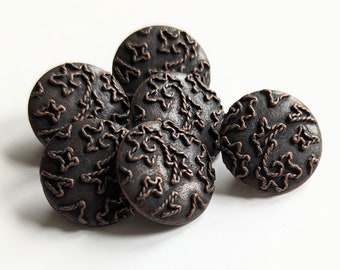 6 kleine bronzefarbene Zierknöpfe aus Metall, seidenmatt mit strukturiertem Ziermuster, 15 mm