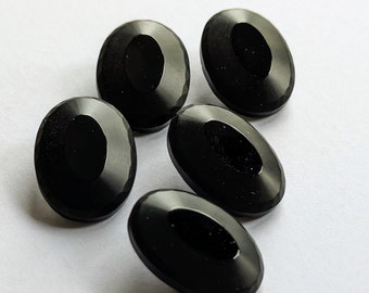 Edle schwarze ovale Vintageknöpfe aus Glas, matt und glänzend mit Spiegelberfläche, faciert, 90er Jahre, 20 mm x 27 mm