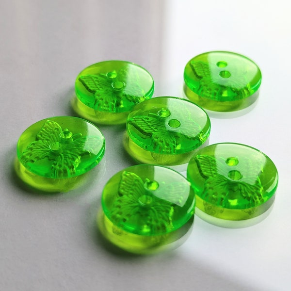 6 zeitgemäße neongrüne Kunststoffknöpfe, 2-Loch-Knöpfe, durchscheinend mit Schmetterling, glänzend, 15 mm