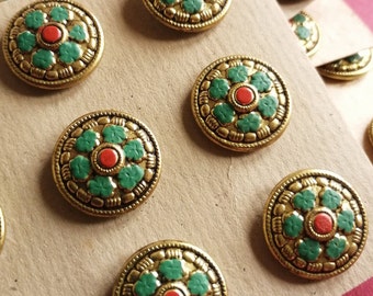 12 boutons Trachten vintage en métal peints à la main : doré, floral alpin (18 mm/22,5 mm)