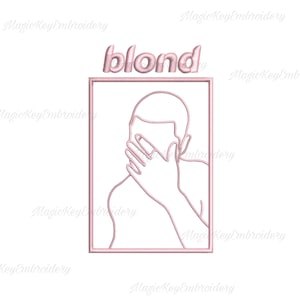 May include: Pink outline of a man's face with his hand covering his mouth, inside a pink square frame with the word "blond" above it.