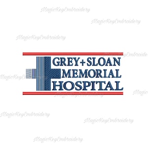 Puede incluir: Diseño bordado del logotipo del Hospital Grey Sloan Memorial. El logotipo presenta una cruz azul con una franja roja arriba y abajo de la cruz. El texto "GREY+SLOAN MEMORIAL HOSPITAL" está en azul.