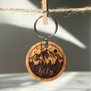 Wooden dog tag ø 30 mm with double-sided laser engraving | silent identification tag mountains hiking olive wood dog tag