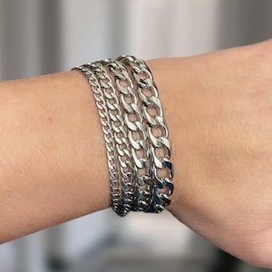 Stainless Steel Curb Chain Bracelet, 3mm-9mm Widths, Waterproof, Unisex Jewelry