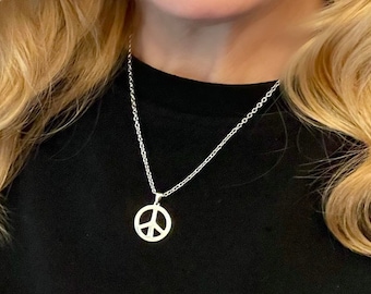 Stainless Steel Peace Sign Pendant Necklace, No Tarnish, CHOOSE CHAIN, Hippie Boho Jewelry