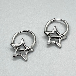 Stainless Steel STAR Hoop Earrings ~ No Tarnish ~ Hinged Hoops ~ Silver Star Pendant ~ Women Teen Unisex ~ Gift ~ Fun Fashion On The Go