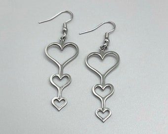 Stainless Steel 3 HEART Pendant Earrings ~ Open Heart Dangling Earrings ~ No Tarnish ~ Valentine's Day Jewelry Gift ~ Fun Fashion On The Go