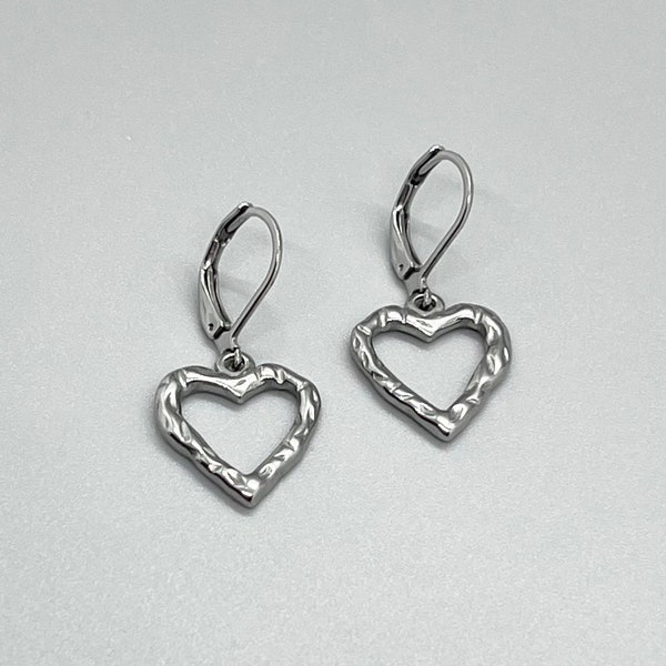 Stainless Steel HEART Leverback Earrings ~ No Tarnish ~ Lever Back Hoops ~ Hammered Heart Pendant ~ Gift ~ Fun Fashion On The Go