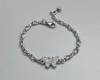 Stainless Steel Rhinestone BUTTERFLY Charm Bracelet ~ No Tarnish ~ Butterfly Connector Pendant ~ Twisted Chain  ~ Fun Fashion On The Go