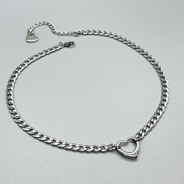 Stainless Steel Open HEART Choker Necklace ~ Heart Connector Pendant ~ Silver Curb Chain ~ Women ~ Teen ~ Gift ~ Fun Fashion On The Go