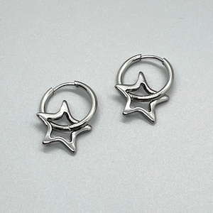 Stainless Steel STAR Hoop Earrings, No Tarnish Silver Star Charms