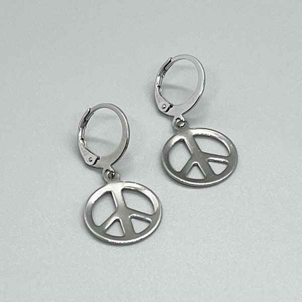 Stainless Steel PEACE SIGN Leverback Earrings ~ No Tarnish ~ Lever Back Hoops ~ Peace Sign Pendant ~ Hippie Jewelry ~ Fun Fashion On The Go