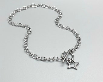 Stainless Steel STAR Toggle Necklace ~ No Tarnish ~ Choker ~ Open Star Pendant ~ Silver Cable Chain ~ Star Jewelry ~ Fun Fashion On The Go