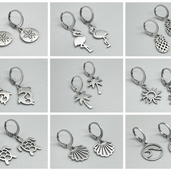 Stainless Steel BEACH Leverback Earrings ~ No Tarnish ~ Shell Sea Turtle Palm Tree Wave Dolphin Pineapple Flamingo ~ Fun Fashion On The Go