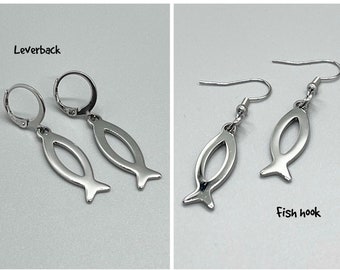 Stainless Steel Jesus Fish Earrings ~ No Tarnish ~ Ichthys Pendant ~ Christian Fish Pendant ~ Leverback ~ Gift ~ Fun Fashion On The Go