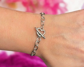 Stainless Steel HEART ARROW Toggle Bracelet ~ No Tarnish ~ Silver Cable Chain ~ Women Teen Jewelry Gift ~ Fun Fashion On The Go