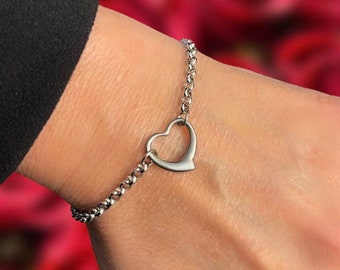 Stainless Steel Linking HEART Pendant Bracelet ~ No Tarnish ~ Silver Rolo Chain ~ Valentine's Day Gift ~ Fun Fashion On The Go