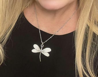 Stainless Steel Large Dragonfly Pendant Necklace No Tarnish Silver Chain