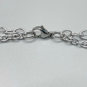 May include: A silver chain necklace with a lobster clasp closure.