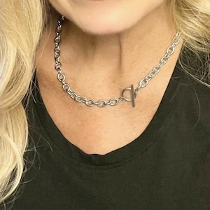 Stainless Steel Chunky Toggle Necklace Non Tarnish Silver Cable Chain Choker Jewelry Gifts For Her ~ Fun Fashion On The Go