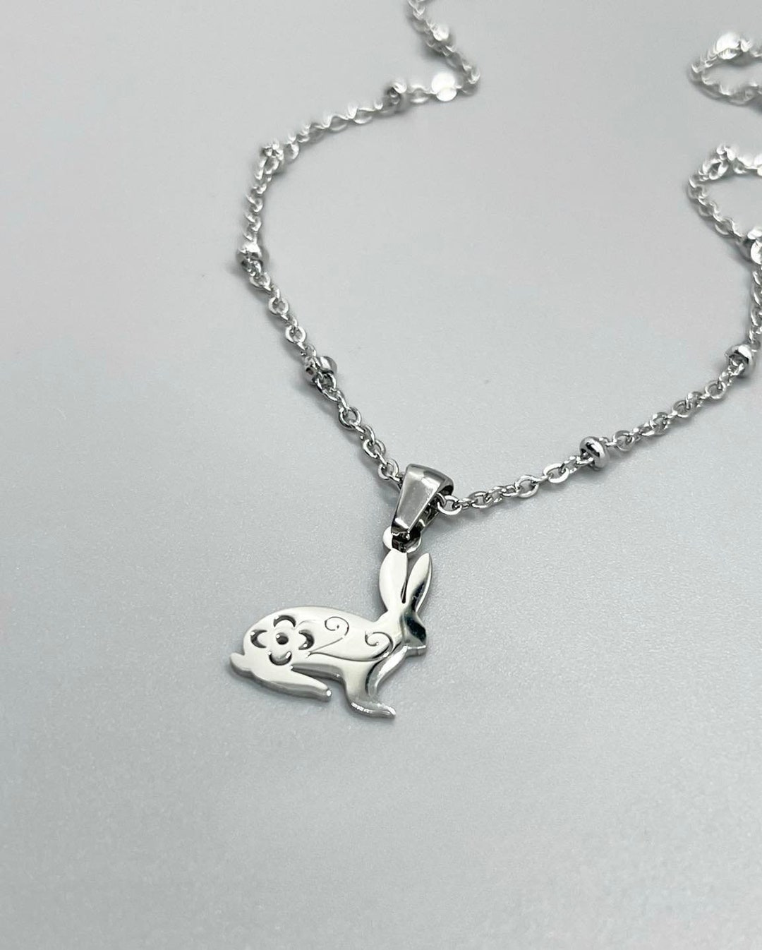 Stainless Steel Bunny Charm Necklace No Tarnish Silver Chain Rabbit ...