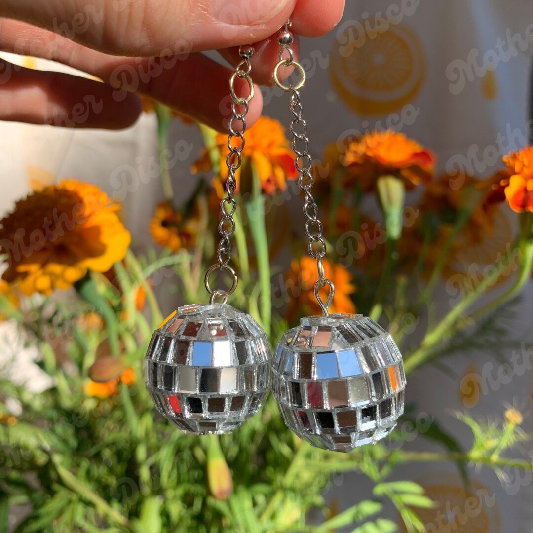 Disco Ball Earrings Pink Gold Silver Disco Ball Mirror Etsy